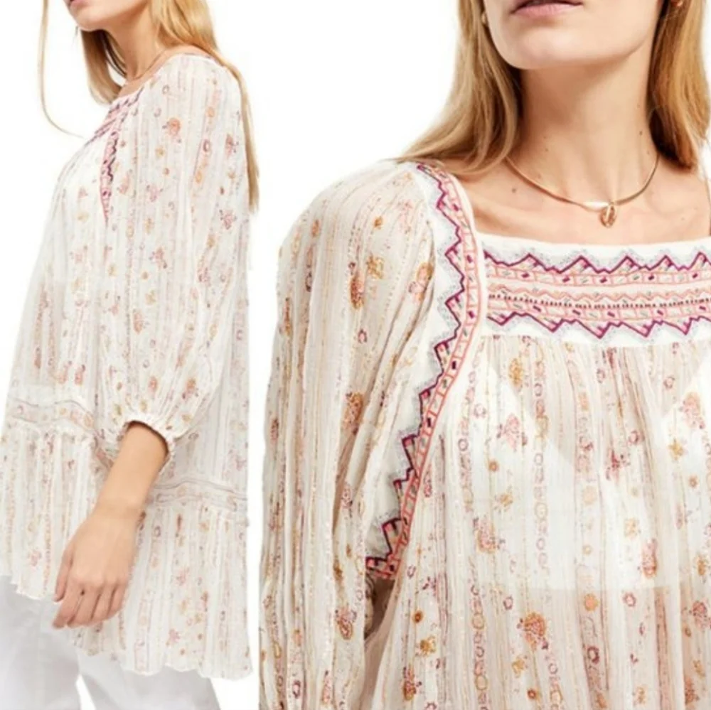 Free People Cream and Pink Embroidered Blouse - Picture 3 of 4